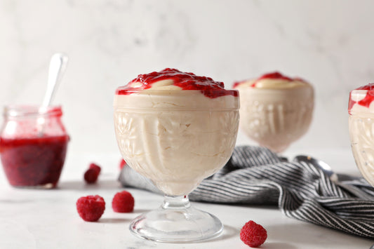 Cashew Butter Pudding with Raspberry Sauce