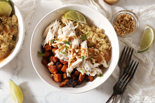 Chicken & Roasted Sweet Potato Protein Bowls with Lime-Peanut Sauce