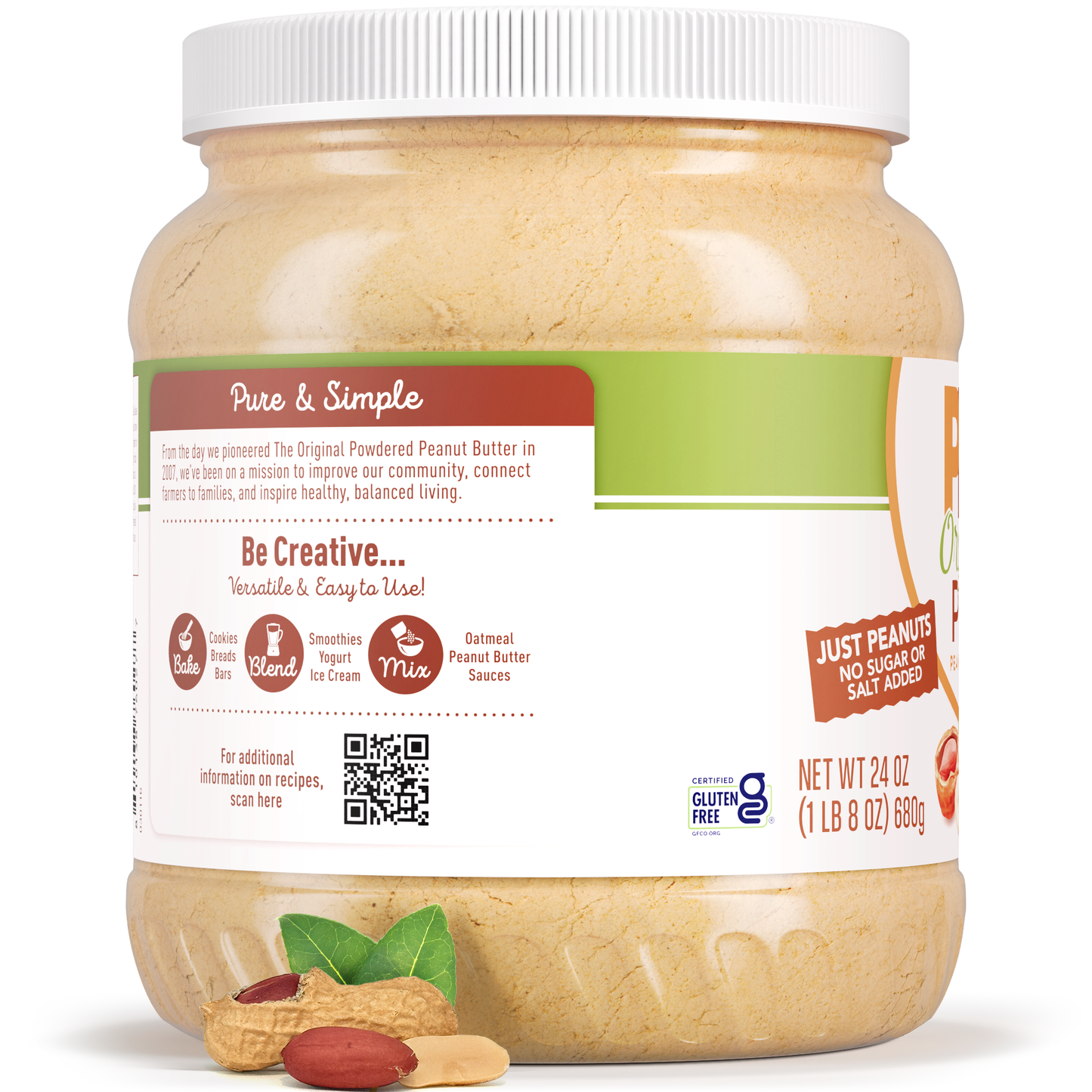 Jar of peanut butter with a visible label on a white background