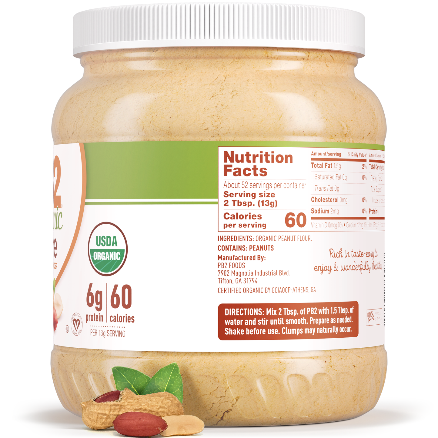 Jar of peanut butter with a label showing nutrition facts and ingredients.
