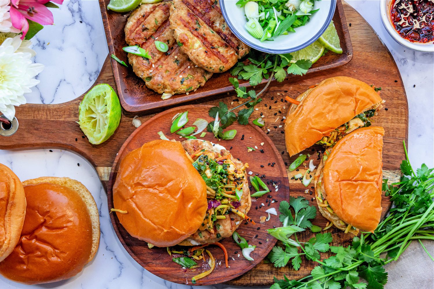 Chicken Burgers with Spicy Peanut Butter Slaw