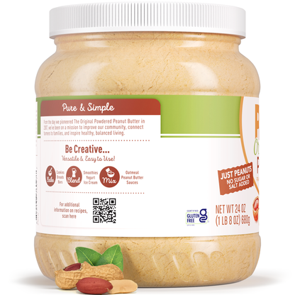 Jar of peanut butter with a visible label on a white background